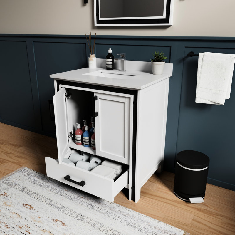 Meuble-lavabo pour salle de bain avec comptoir en quartz et miroir - Fonction de fermeture en douceur, 31", Blanc