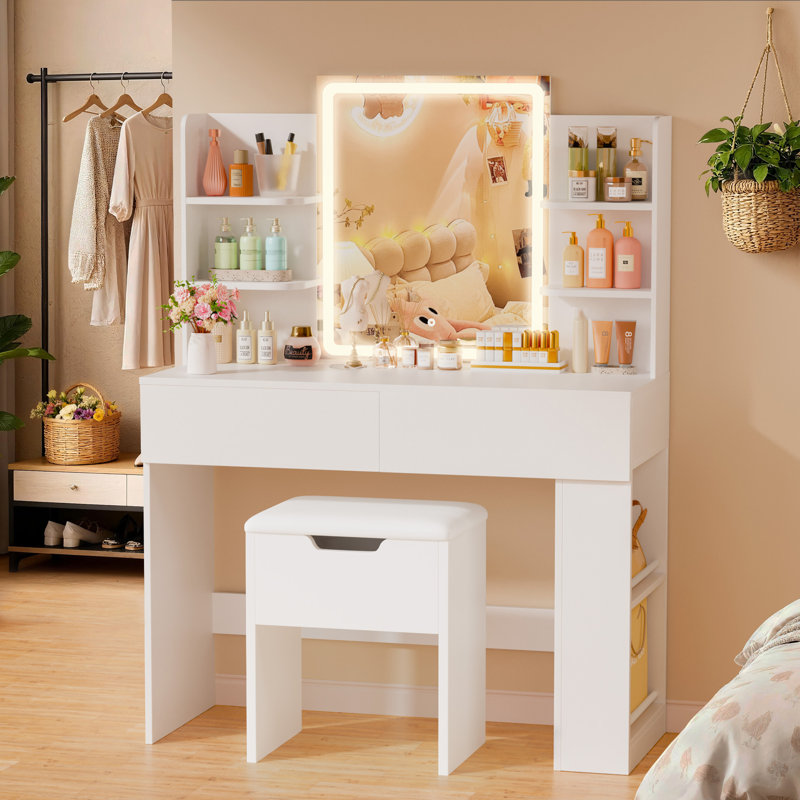 Vanity Desk Set with LED Lighted Mirror & Storage Drawers, Makeup Vanity with Cushioned Stool for Bedroom, Yes, White