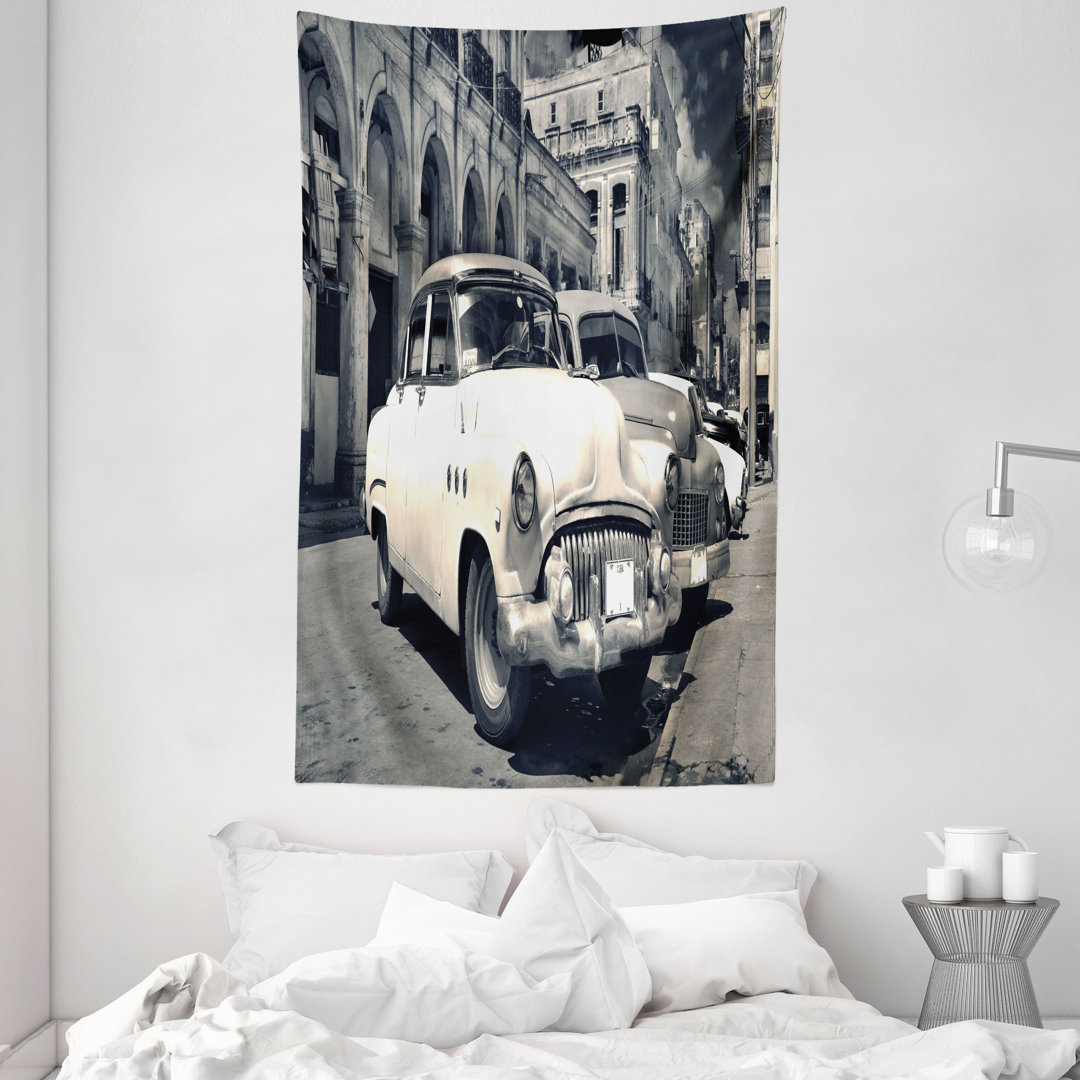 Wandteppich, Amerikanische Autos Havanna, Landschaft, Beige Grau