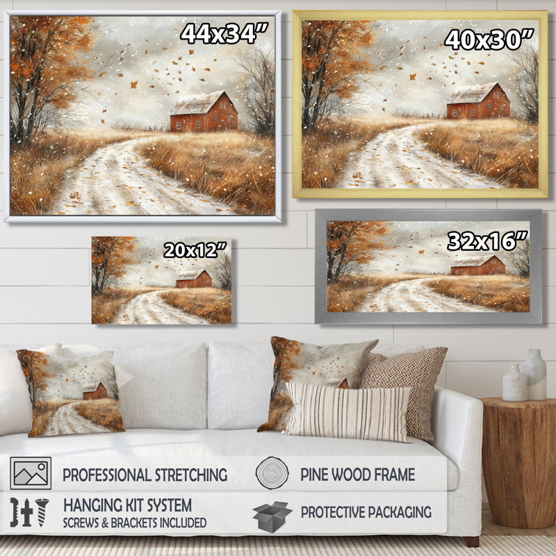 Dreketi Windy Prairie Leaves Path To The Barn III - feuilles, art mural, H 16 po x l 32 po, Impression encadrée flottante