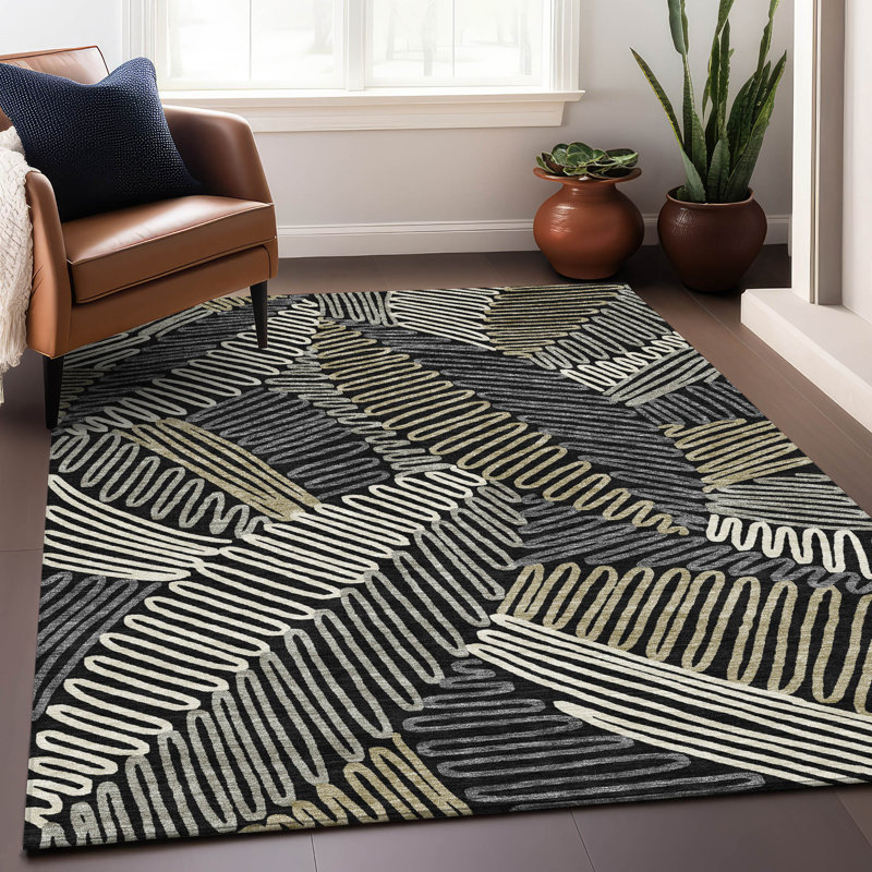 Premium Machine Washable Prisco Black Rug, Rectangle 9' x 12'
