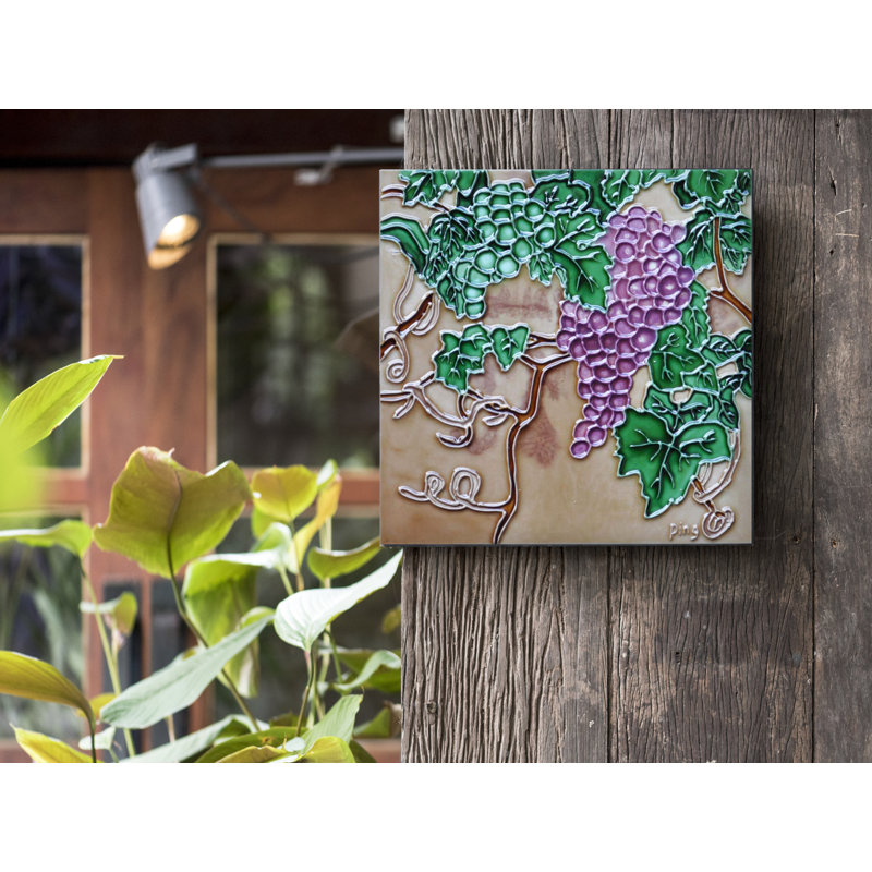 Handcrafted Ceramic Art Tile with Purple and Green Grapes