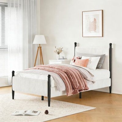 Structure de lit rembourrée avec tête de lit en velours, plateforme en velours côtelé et lattes de bois, aucun sommier nécessaire