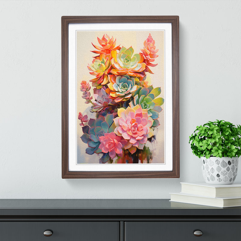 Succulent Gestural - Single Picture Frame Print on Wood, Walnut, 46cm H x 34cm W x 2cm D