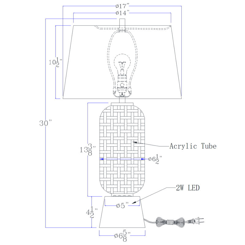 100W Wicker table lamp with 2W LED night light and hardback fabric shade