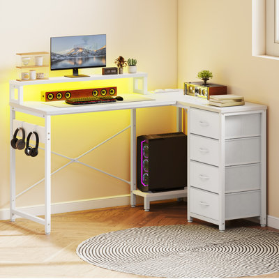  L Shaped Computer Desk With Drawers, Gaming Desks With LED Lights&Power Outlets&Monitor Stand&PC Stand,130×100 Cm