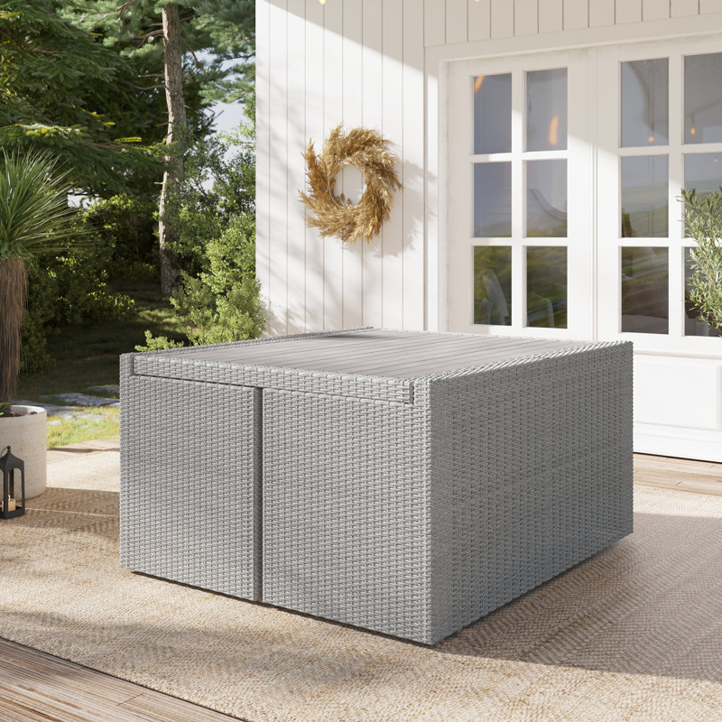 Grose 7-Piece Aluminum and Wicker Outdoor Dining Set, Light Gray Frame/Light Blue Cushion