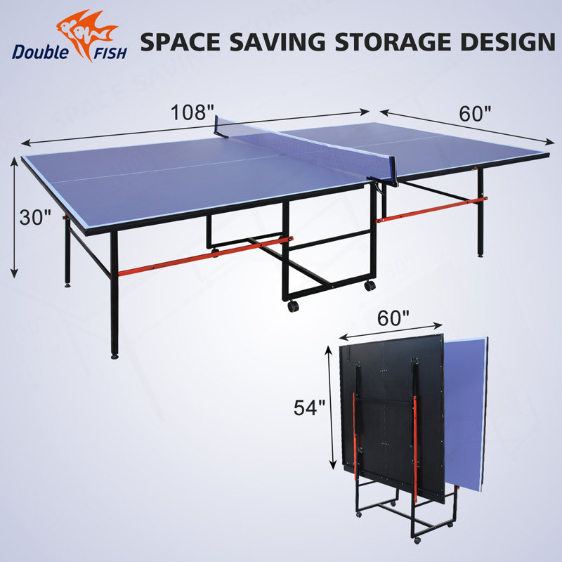 [Tennis de table pliable] Table de tennis de table pliante 9 pi - 2 raquettes, 2 balles, 1 filet et un ensemble de poteaux, BLEU, conception pliable, 4 roues pour un déplacement facile