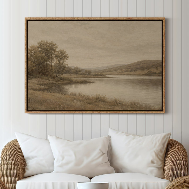 Art mural sur toile encadrée - Paysage de rivière tranquille avec arbres et Rolling Hills dans des tons neutres chaleureux - 16 po x 24 po, 24 po x 36 po