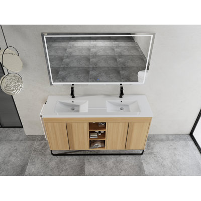 Meuble-lavabo autoportant de 60 po avec lavabo double en résine, portes à fermeture en douceur et supports de rangement ouverts, fabrication en contreplaqué