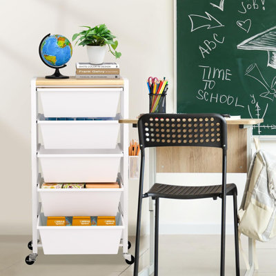 Chariot de rangement roulant à 5 tiroirs avec panneaux perforés et panier suspendu - Plateau en bois avec cadre en métal pour la maison / le bureau