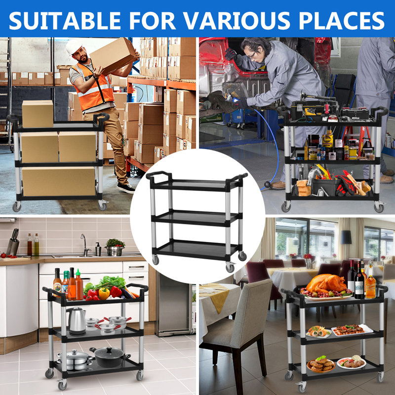 Heavy Duty Black and Silver 3-Tier Rolling Utility Cart