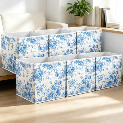 6 Pcs Blue Floral Cube Storage Bins, 11 Inch Flower Storage Basket with Handles, Collapsible Fabric Box for Classroom Bedrooms Office Home Decoration, Preppy Organizer Basket, Gift Box 11x11x11 Inches
