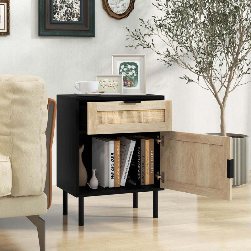 Ensemble de 2 tables de chevet modernes en rotin avec tiroir et armoire