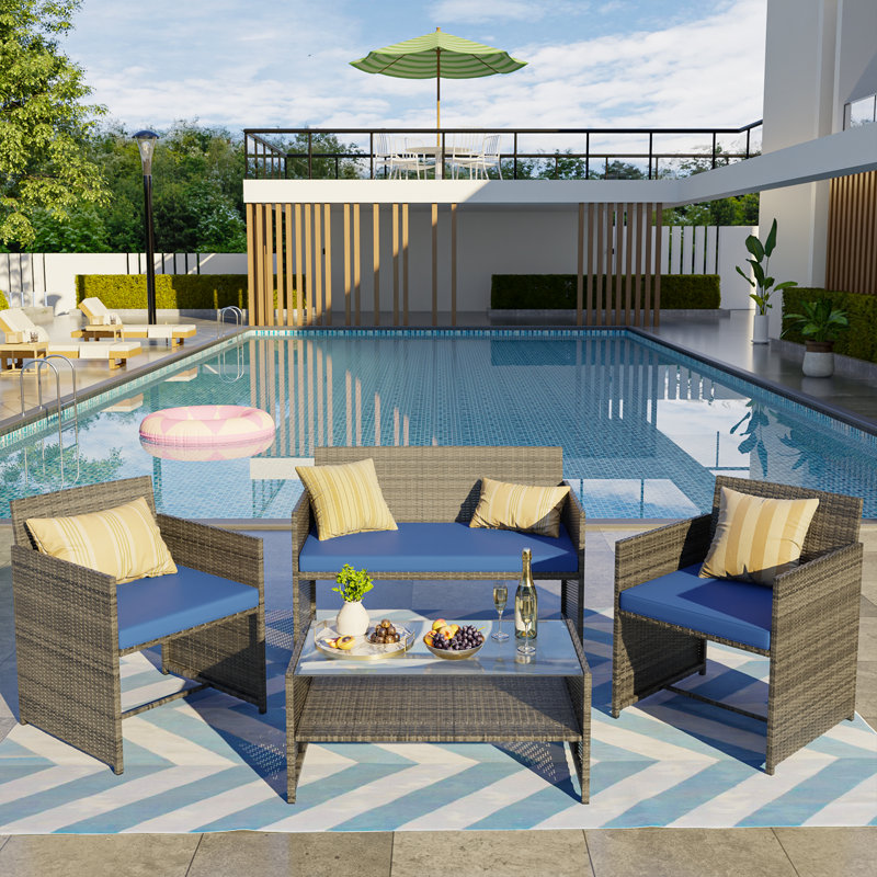 4-Piece Outdoor Wicker Patio Furniture Set, Rattan Conversation Set With Glass Coffee Table & Cushions, Gray, Blue