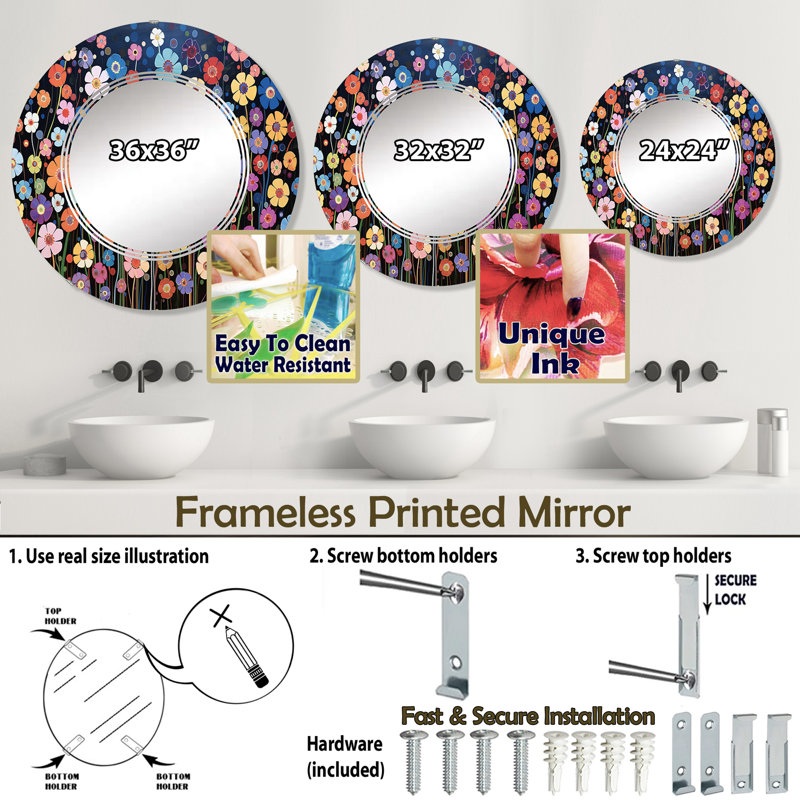 Abstract Colorful Wildflowers Kaleidoscope Circle Mirror, 24" x 24"