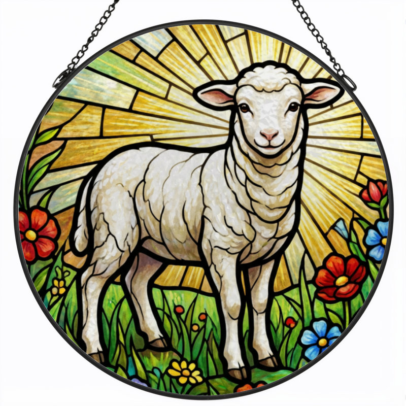 7.8"H Sheep Garden Stained Glass Window Panel, 7.8" H x 7.8" W
