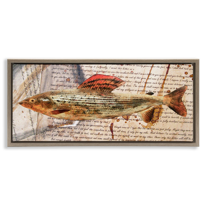 «Fish with Vintage Text» par Alonzo Saunders, H 11 po x l 25 po, Cadre flottant orme Montalcino