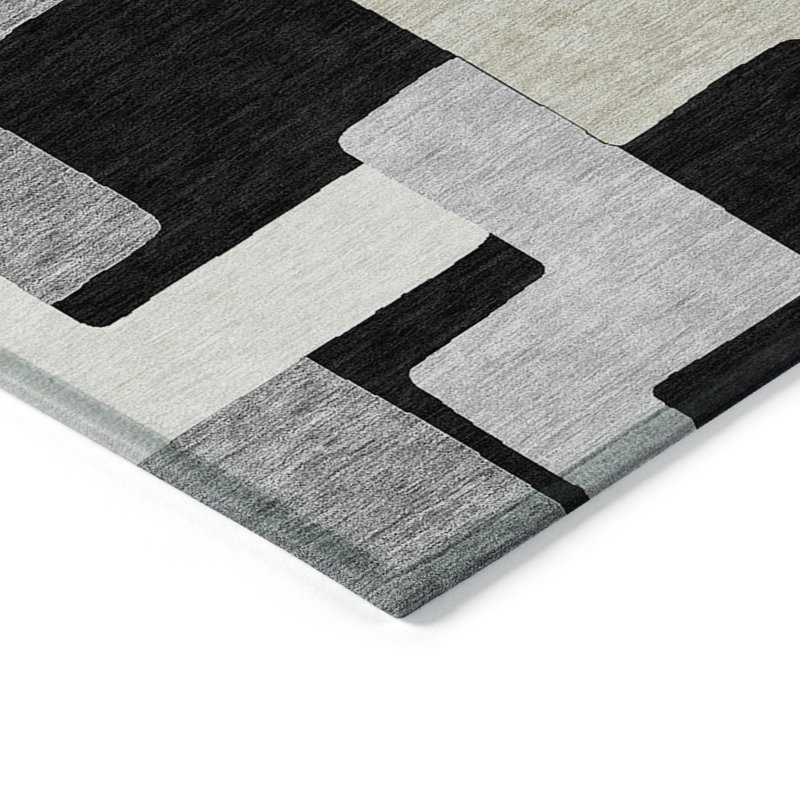 Black Geometric Washable Synthetic Rectangular Rug 2'6" x 3'10"