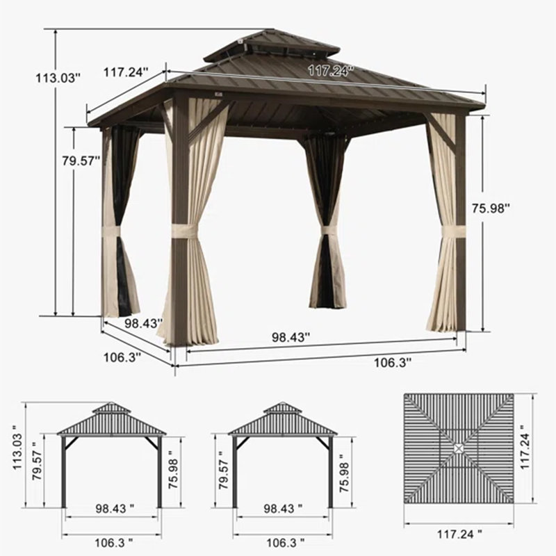 Aluminum  Outdoor Hardtop Gazebo Double Roof For Patio Desk Backyard Brown, 10' x 10'