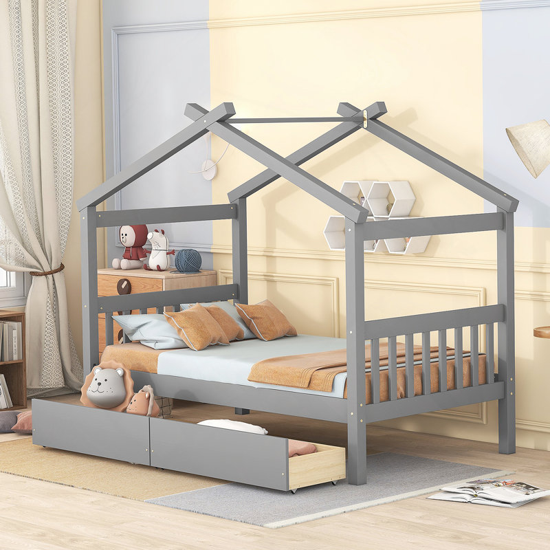 Lit en bois avec tiroirs, Gris