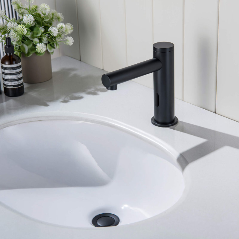 Circular Touchless Bathroom Faucet with Pop-Up Drain — Plug-In or Battery Powered, Matte Black