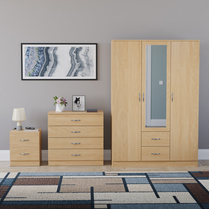 Maybery 3 Piece Bedroom Set (2 Drawer Bedside Chest, 4 Drawer Chest, 3 Door 2 Drawer Mirrored Wardrobe), (5), Pine