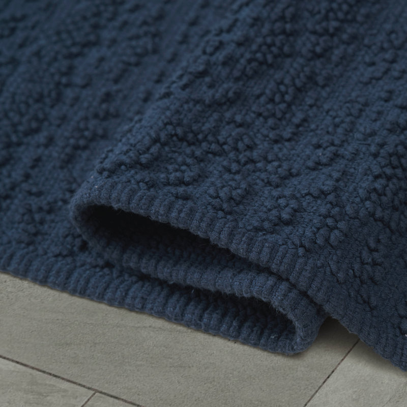 French Connection Nellore Fringe Machine Washable Cotton Bath Rug, Navy, 64" L x 24" W