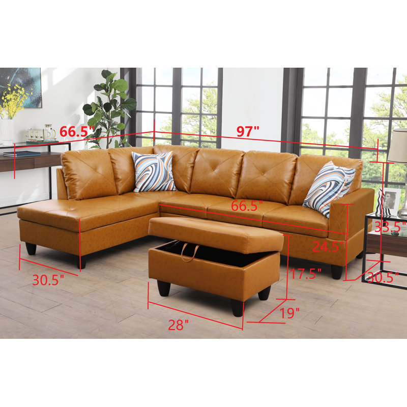 Halid Wide Sofa & Chaise with Ottoman, Faux Leather Amber, Left Hand Facing