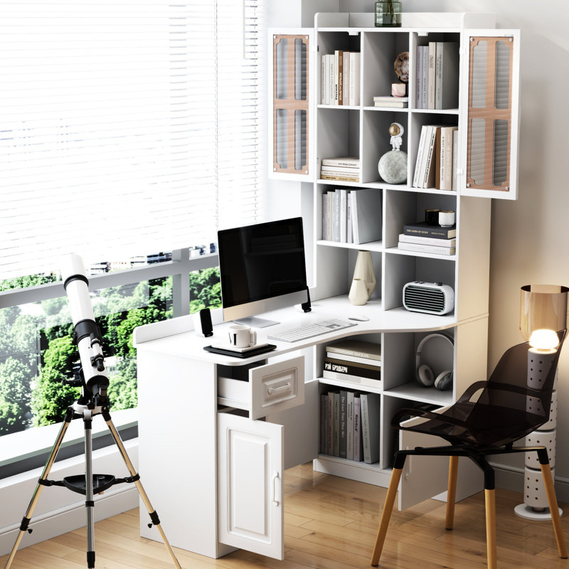 Bureau en L pour chambre à coucher - blanc, 21 pièces, plusieurs moniteurs, rangement pour ordinateur, tablette de bureau à domicile, classeur