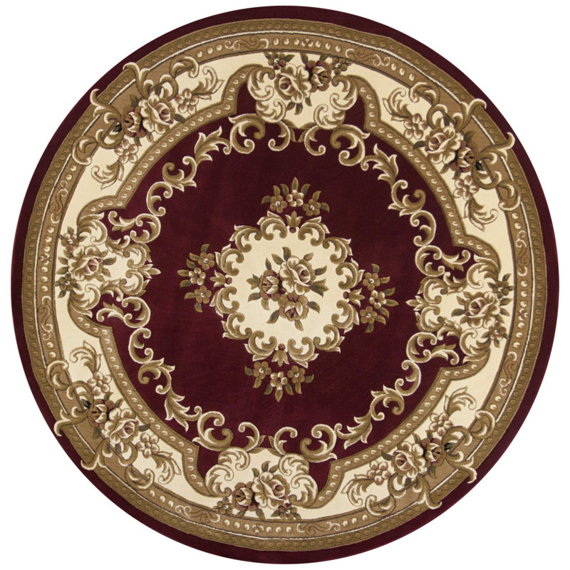 Tapis à bordure florale rouge et ivoire Reis, Rond 7 pi 7 po