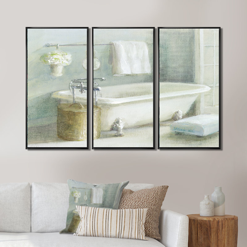 «Pastel Bath I», ensemble d'art mural sur toile encadré traditionnel de 3, Noir, H 28 po x l 36 po x P 1 po