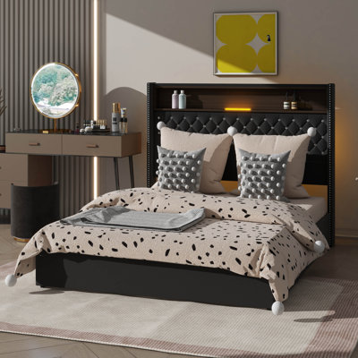 Structure de lit grand et moelleux en velours capitonné, avec USB et veilleuse, lit plateforme à oreilles avec rangement intégré pour la tête de lit