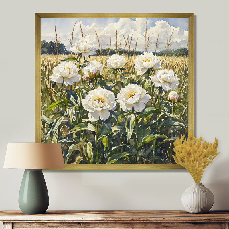 Été pivoines dans le champ de maïs III - pivoines, art mural pour le salon, Reproduction encadrée d'une seule photo, Doré
