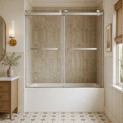 Porte de douche coulissante double sans cadre en nickel brossé l 60 po x H 60 po, porte de baignoire, verre trempé de 5/16 po (8 mm), film antidéflagrant, revêtement nano
