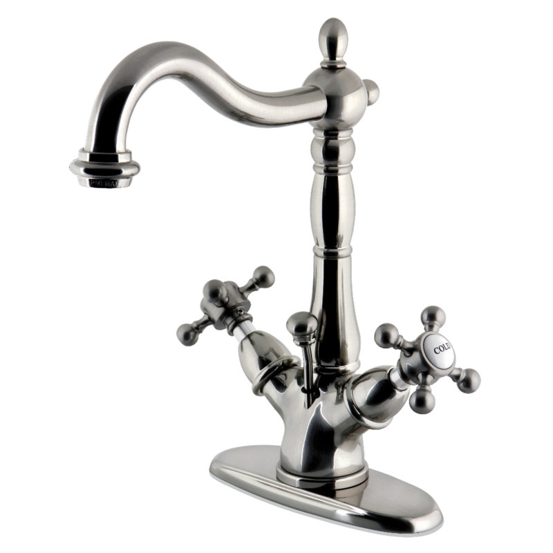 Kingston Brass Vintage Two-Handle 1-or-3 Hole Deck Mount Bathroom Faucet with Brass Pop-Up, Brushed Nickel