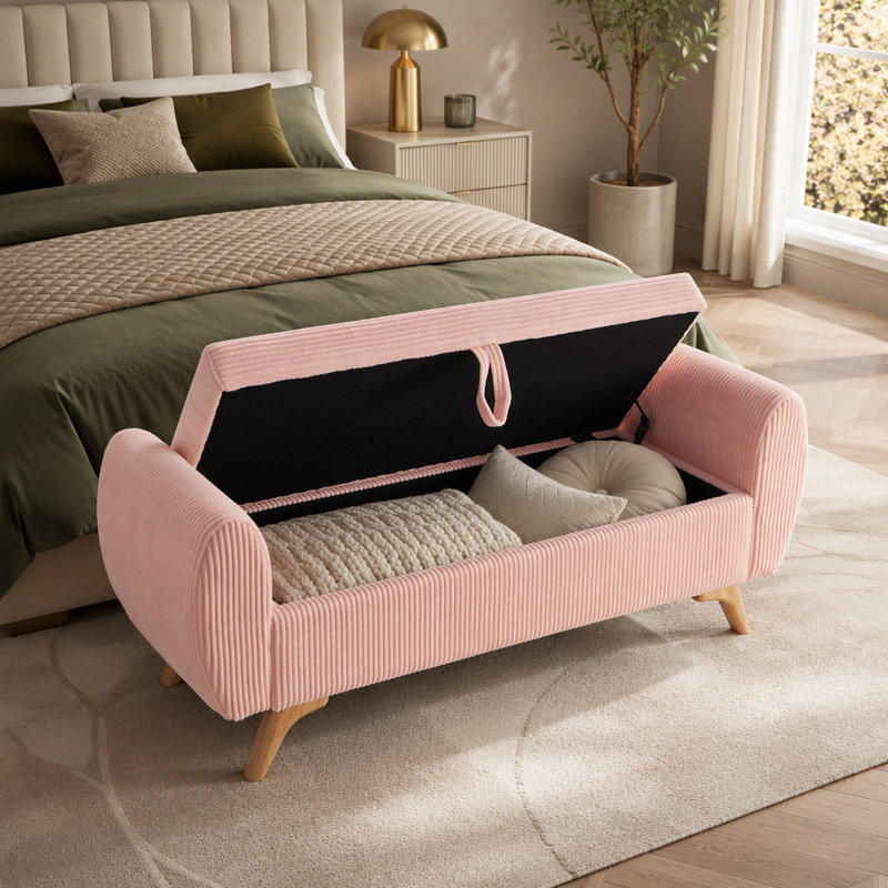 Banc de lit moderne de 145 cm (57 po) en velours côtelé avec rangement intégré et pieds en bois, idéal pour la chambre ou le couloir.