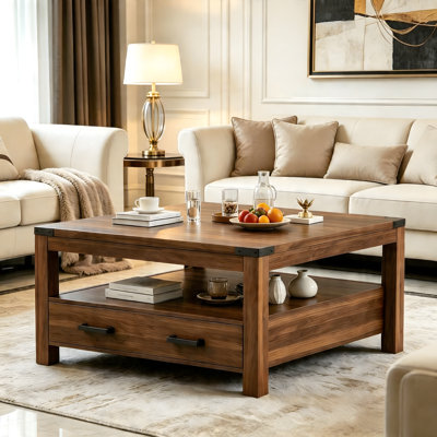 Square Coffee Table With Spacious Drawer And Dual-tier Storage Shelf