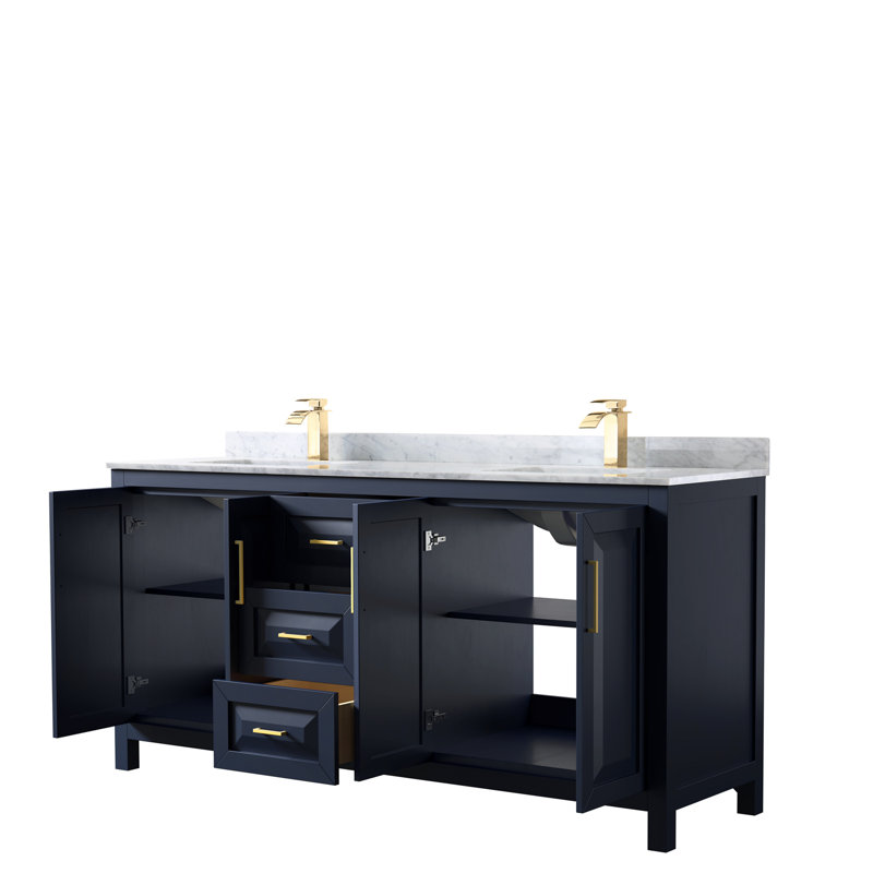 Daria 72'' W Double Vanity, White Cultured Marble, Dark Blue, Brushed Gold