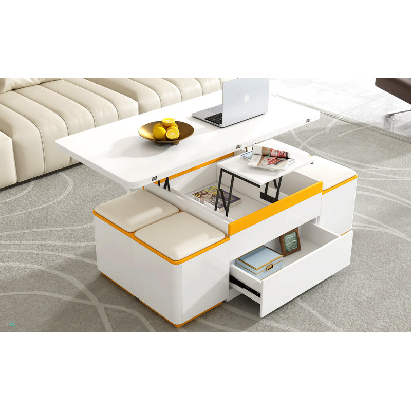 Lift-Top Coffee Table With 4 Storage Stools, Modern Space Saving Centre Table With Foldable Top, Multi-Functional Adjustable Coffee Table For Living Room