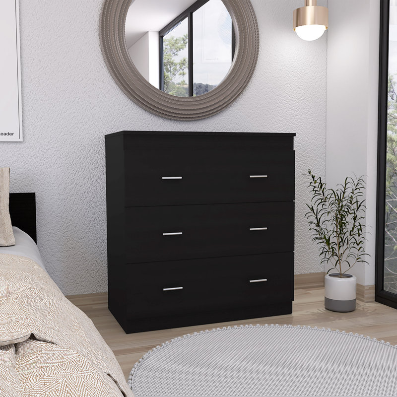 Capri Three Drawer Dresser, Superior Top, Metal Handles, Bedroom, Black