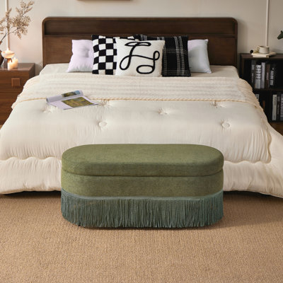 Repose-pieds ovale rembourré avec rangement à franges et couvercle relevable - L 39 po x l 16 po x H 17 po, repose-pieds multifonctionnel et rangement caché pour le salon ou la chambre à coucher - Tissu vert avec structure en métal