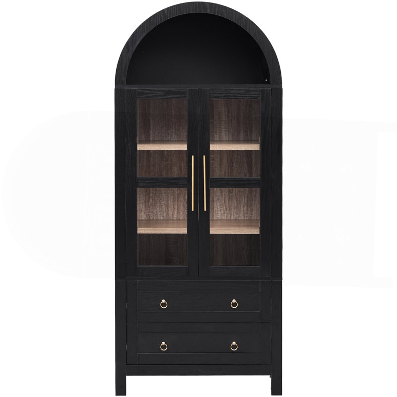 71" Tall Arched Kitchen Pantry Cabinet with 2 Large Drawers, Modern Farmhouse Kitchen Storage Cabinets with Adjustable Shelves, Glass Door, Wood Versatile Cupboard for Kitchens, Dining Room, Black