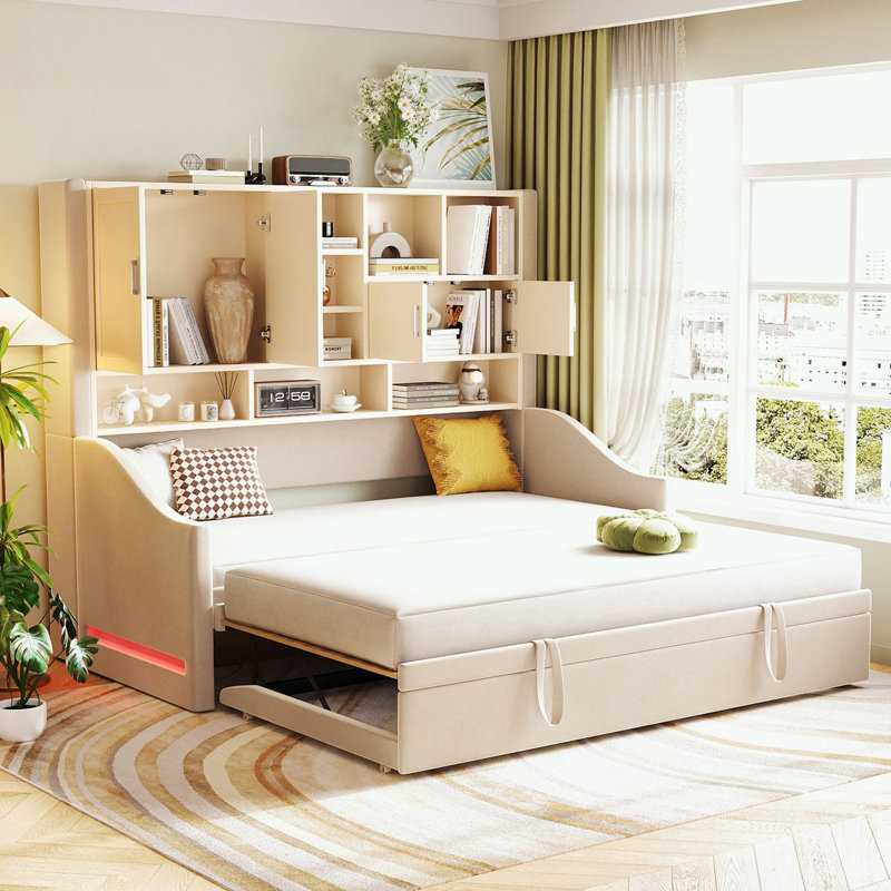 Twin Size bed with LED Armrest Lights, Storage Shelves and Cabinets, Beige