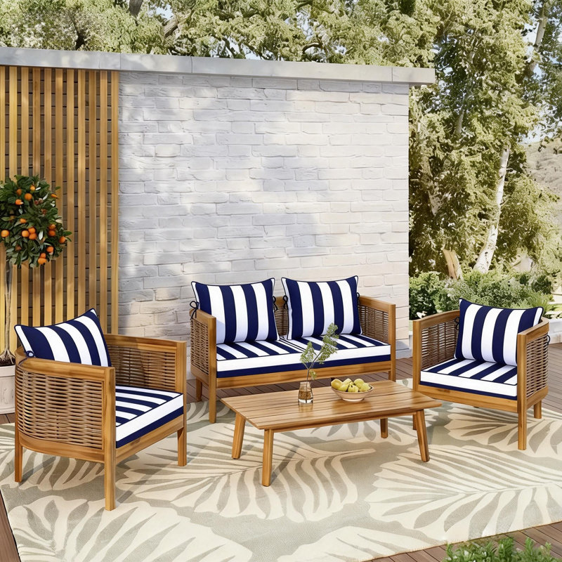 25.6 x 25.6 In Patio Furniture Cushions set of 4, Fade Resistant Outdoor Seat Cushions with 4 pairs of Ties, Deep Seat Cushion for Seat Patio Chairs, Rattan Furniture, Wicker Seating, outdoor Adirondack Chair,Blue And White Stripes