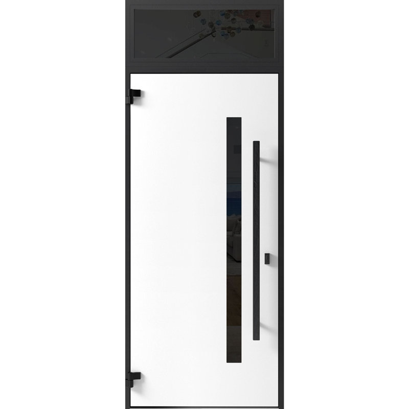 Façade avant en acier pré-suspendue / Dekton 0163 Ardesia Nero / Fenêtre extérieure en haut Sidelite / Entrée en métal peint moderne l 36 po x H80 + 16 po à droite
