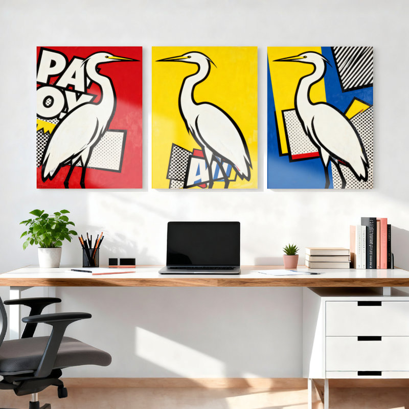 Ensemble de 3 tableaux muraux pop art représentant un héron sur toile tendue, H 36 po x l 72 po