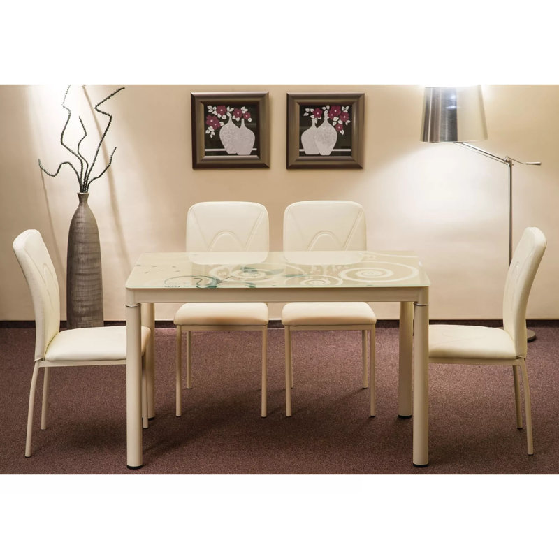 Damar Glass Top Metal Base Dining Table, Cream
