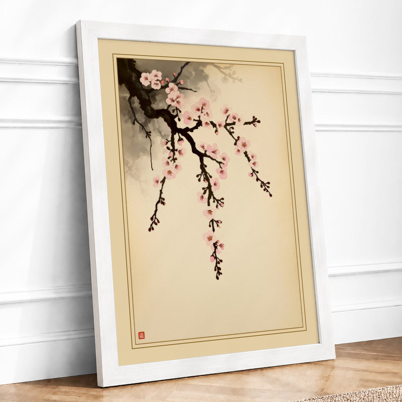 Moonlit Cherry Blossom Japandi - Framed Print, A2 - 59.4 x 42.0 cm, White