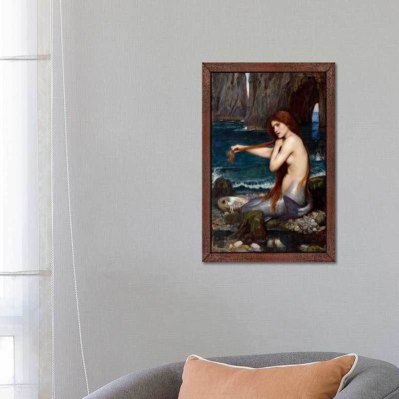 A Mermaid by John William Waterhouse - Floater Frame Painting on Canvas, 101.6 cm H x 66.04 cm W, Brown